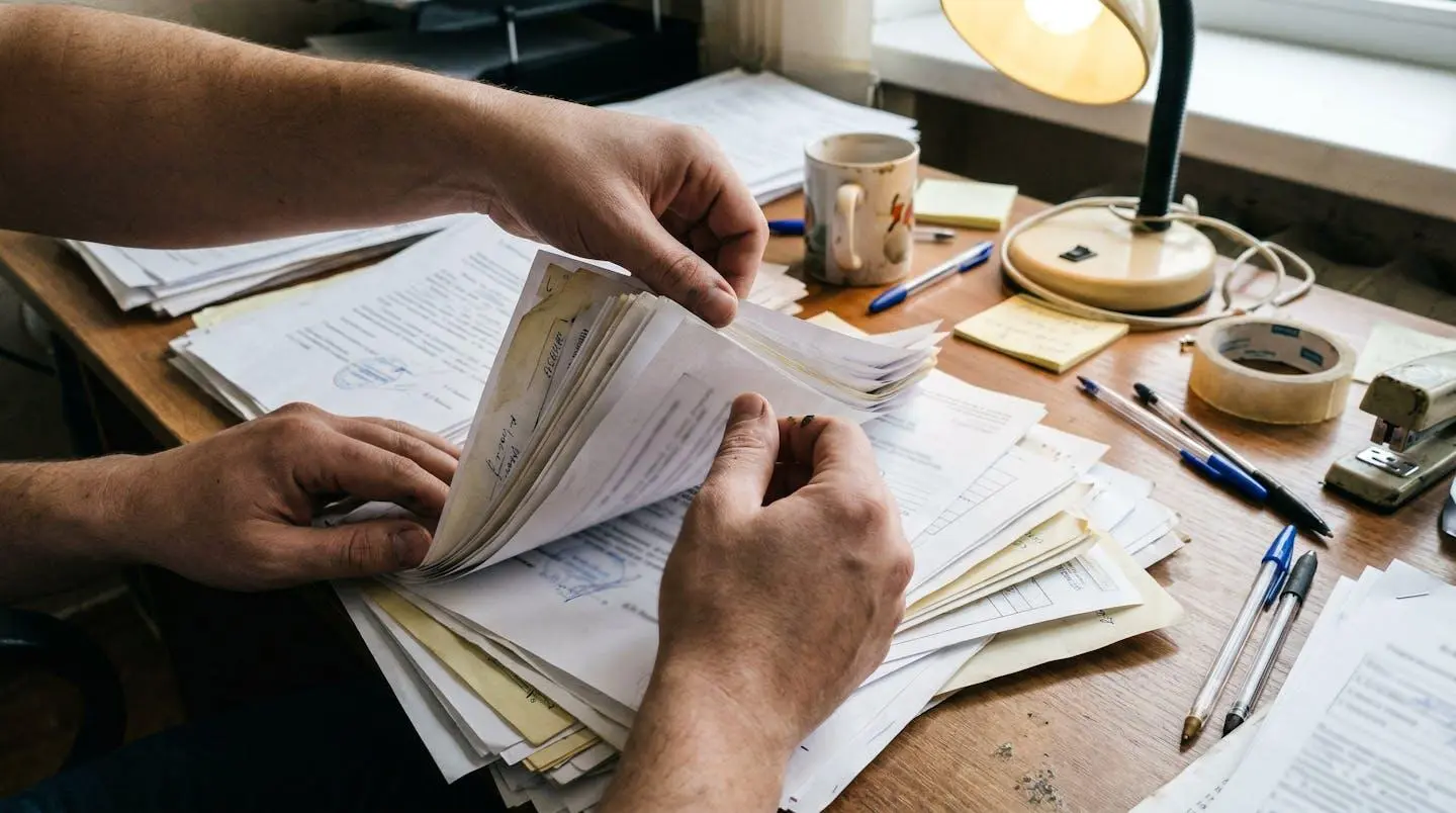 Mains feuilletant des documents administratifs sur un bureau légèrement encombré, stylo posé à côté, lumière naturelle