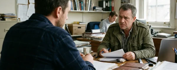 Deux personnes assises face à face dans un bureau sobre, documents étalés sur la table entre elles, ambiance de discussion tendue mais professionnelle