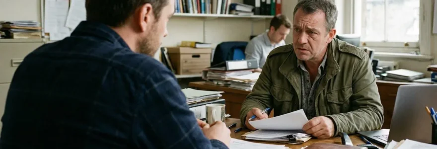 Deux personnes assises face à face dans un bureau sobre, documents étalés sur la table entre elles, ambiance de discussion tendue mais professionnelle