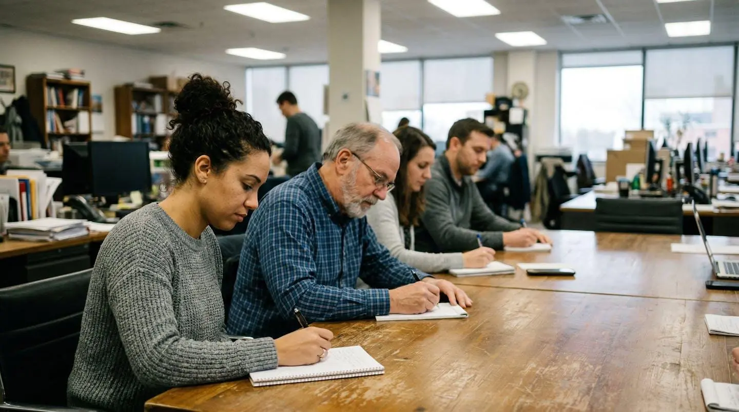 Plusieurs personnes autour d'une table de réunion, certains prenant des notes, atmosphère collaborative, environnement de bureau réaliste