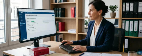Bureau d'avocat moderne en France avec professionnel consultant une interface de lettre recommandée électronique certifiée sur ordinateur, documents juridiques Code civil authentiques sur le bureau, ambiance professionnelle sereine