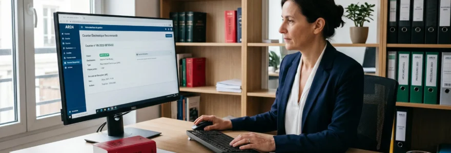 Bureau d'avocat moderne en France avec professionnel consultant une interface de lettre recommandée électronique certifiée sur ordinateur, documents juridiques Code civil authentiques sur le bureau, ambiance professionnelle sereine