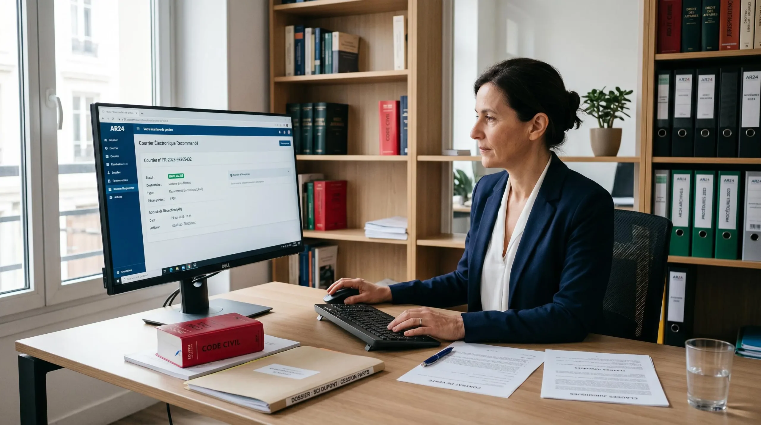 Bureau d'avocat moderne en France avec professionnel consultant une interface de lettre recommandée électronique certifiée sur ordinateur, documents juridiques Code civil authentiques sur le bureau, ambiance professionnelle sereine