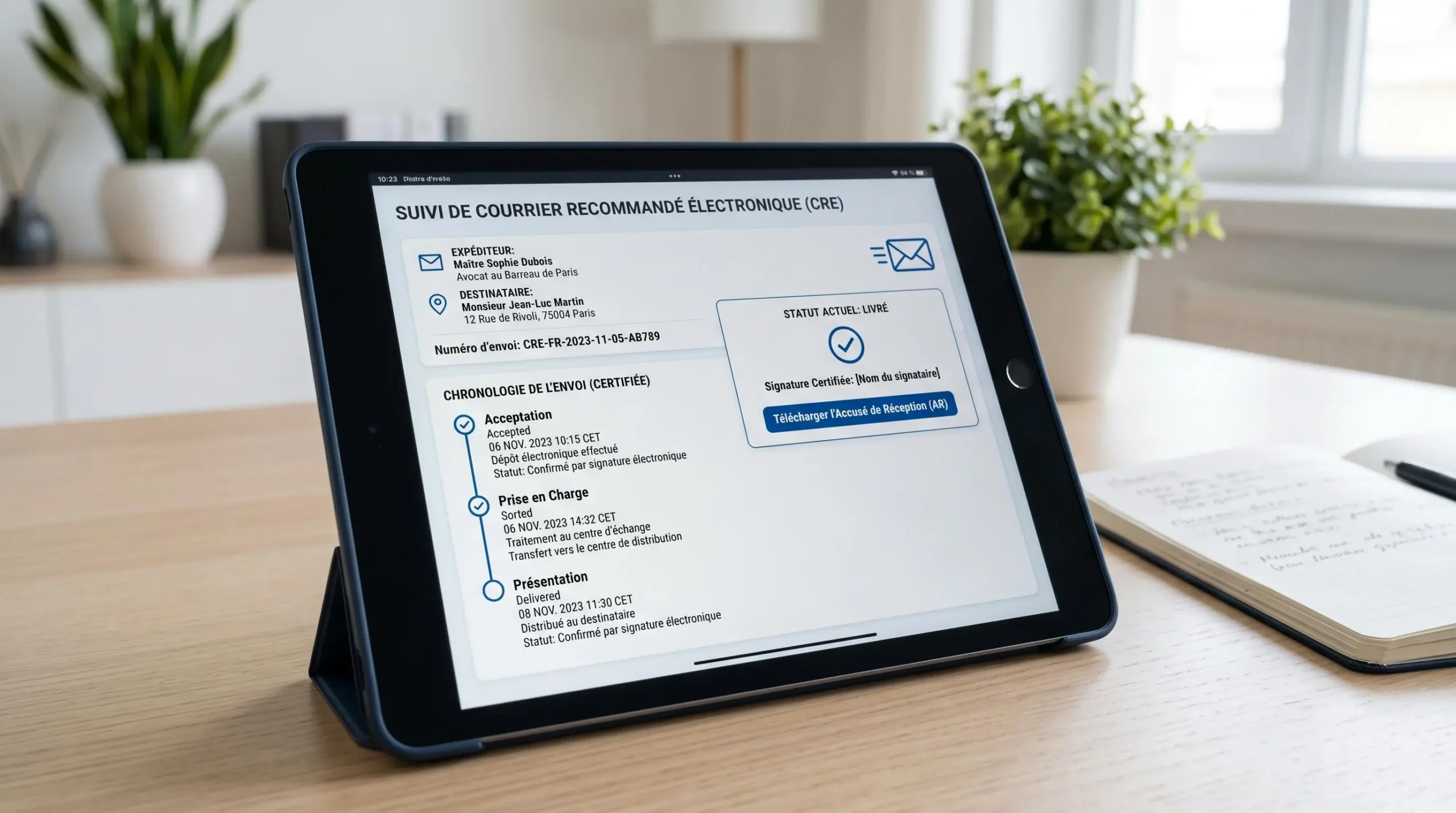 Écran de tablette affichant l'interface de suivi en temps réel d'une lettre recommandée électronique avec horodatage certifié et statuts de livraison en français