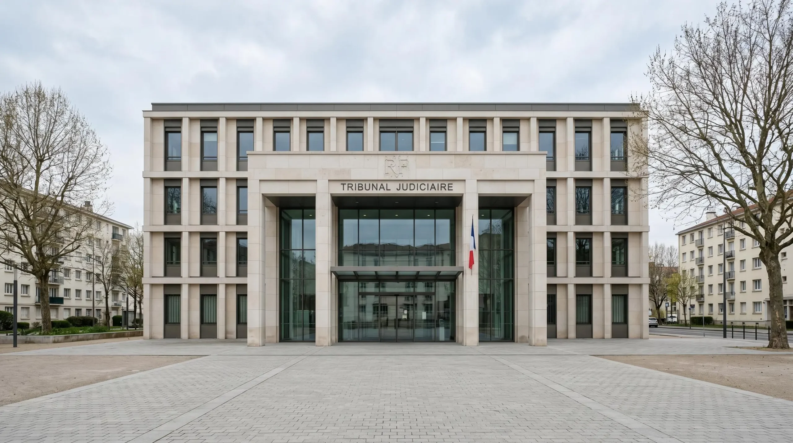 Façade moderne d'un tribunal de commerce français, architecture judiciaire contemporaine avec lignes épurées, contexte institutionnel français