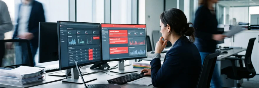 Bureau d'entreprise avec employé analysant des tableaux de bord sur écrans multiples montrant des rapports d'erreurs de catalogue produits