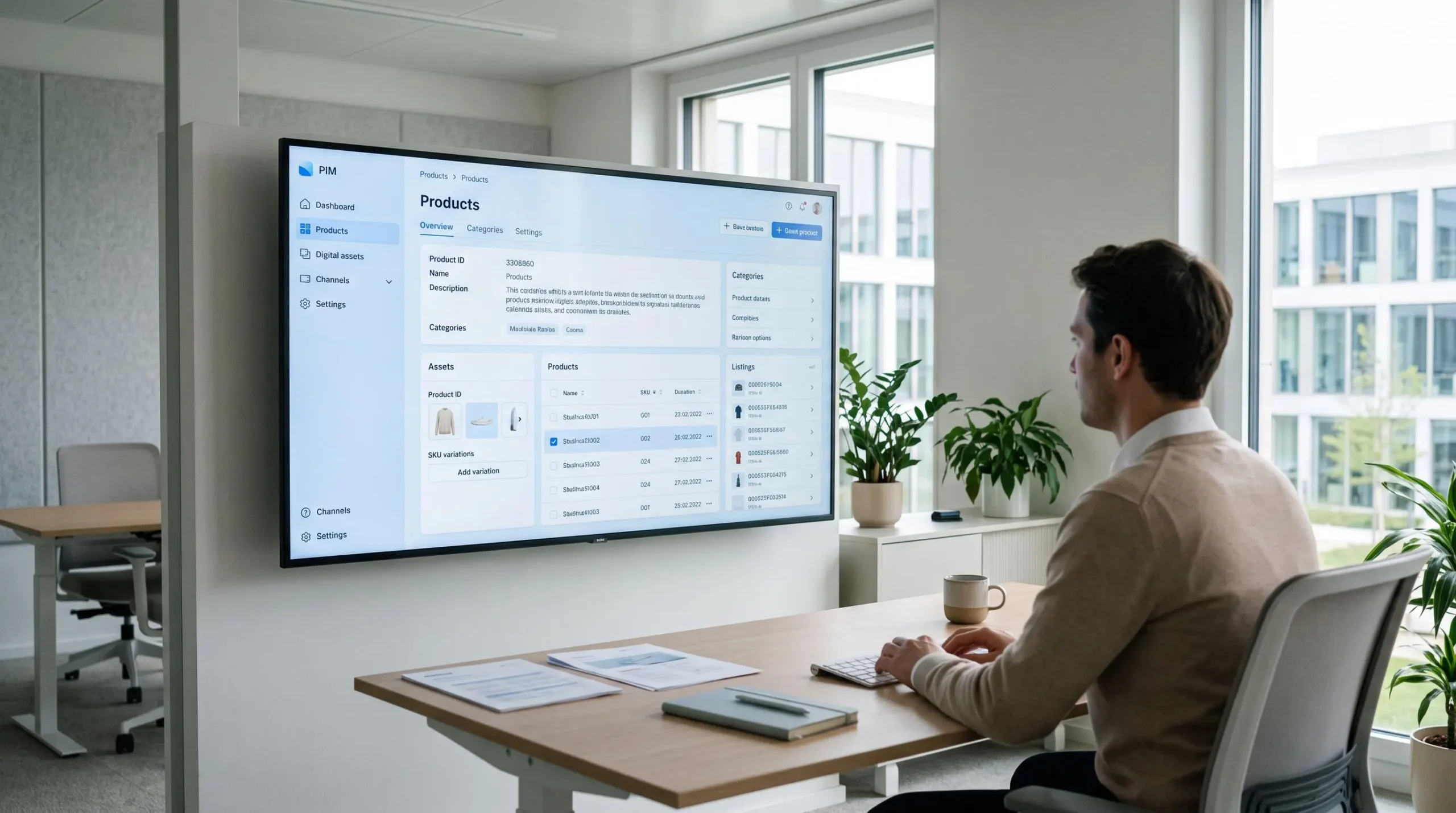 Interface PIM moderne sur grand écran montrant des données produits organisées et structurées dans un environnement de travail épuré