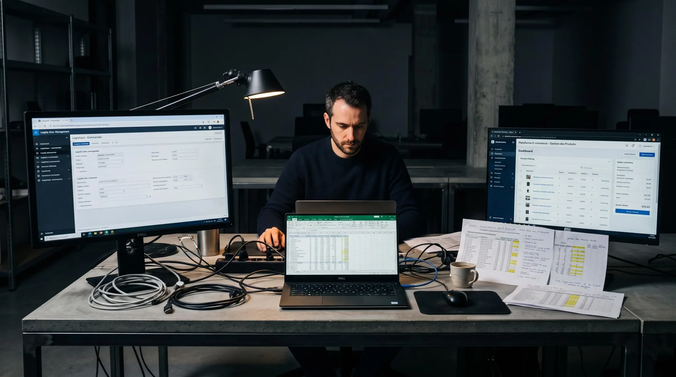 Poste de travail avec écrans multiples montrant différents systèmes informatiques désynchronisés et fichiers Excel éparpillés