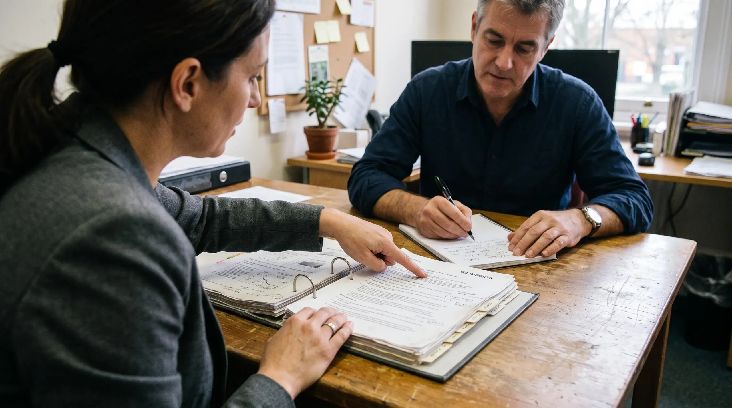 Un dirigeant et un consultant préparent ensemble les documents de transmission.