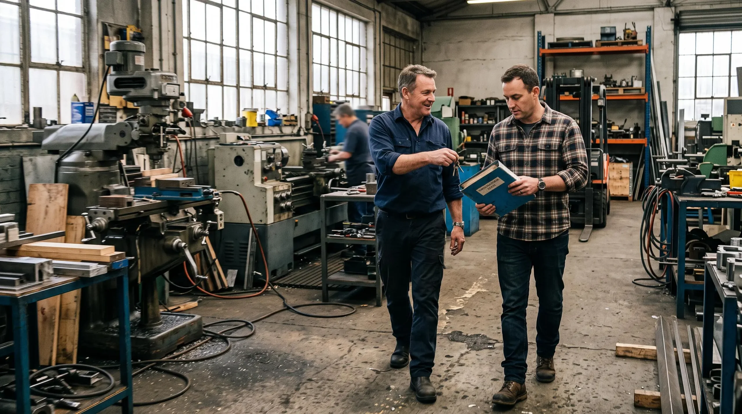 Un dirigeant remet les clés de son atelier à un repreneur lors d'une visite.
